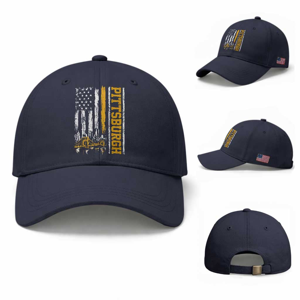 Pittsburgh City Skyline Roberto Clemente Bridge Graphic Baseball Cap American Flag Yellow Bridge City Hometown Pride