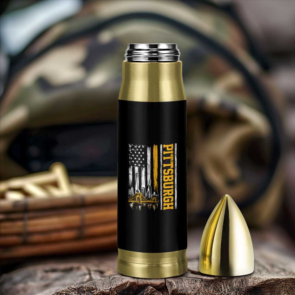 Pittsburgh City Skyline Roberto Clemente Bridge Graphic Bullet Tumbler American Flag Yellow Bridge City Hometown Pride