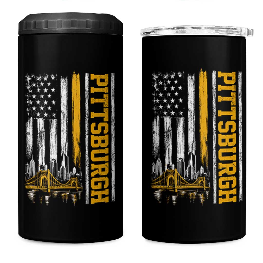 Pittsburgh City Skyline Roberto Clemente Bridge Graphic 4 in 1 Can Cooler Tumbler American Flag Yellow Bridge City Hometown Pride