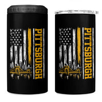 Pittsburgh City Skyline Roberto Clemente Bridge Graphic 4 in 1 Can Cooler Tumbler American Flag Yellow Bridge City Hometown Pride