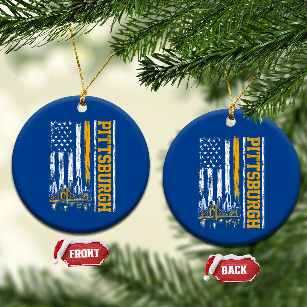Pittsburgh City Skyline Roberto Clemente Bridge Graphic Ceramic Ornament American Flag Yellow Bridge City Hometown Pride
