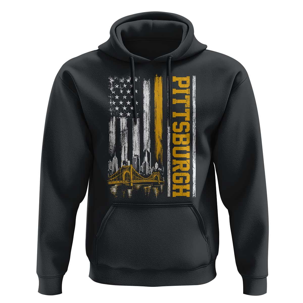 Pittsburgh City Skyline Roberto Clemente Bridge Graphic Hoodie American Flag Yellow Bridge City Hometown Pride
