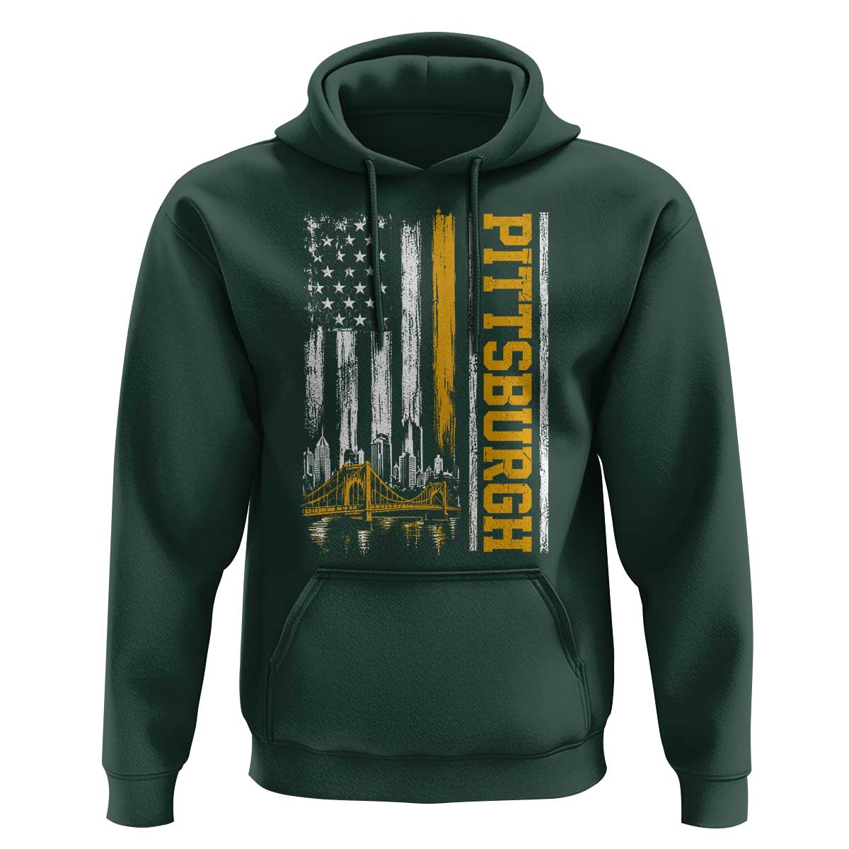 Pittsburgh City Skyline Roberto Clemente Bridge Graphic Hoodie American Flag Yellow Bridge City Hometown Pride