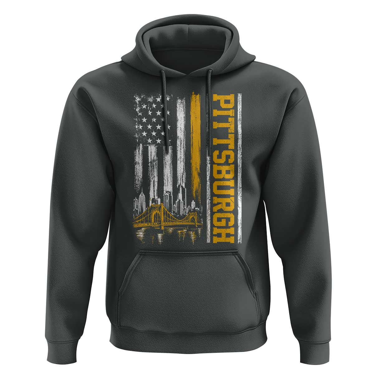 Pittsburgh City Skyline Roberto Clemente Bridge Graphic Hoodie American Flag Yellow Bridge City Hometown Pride