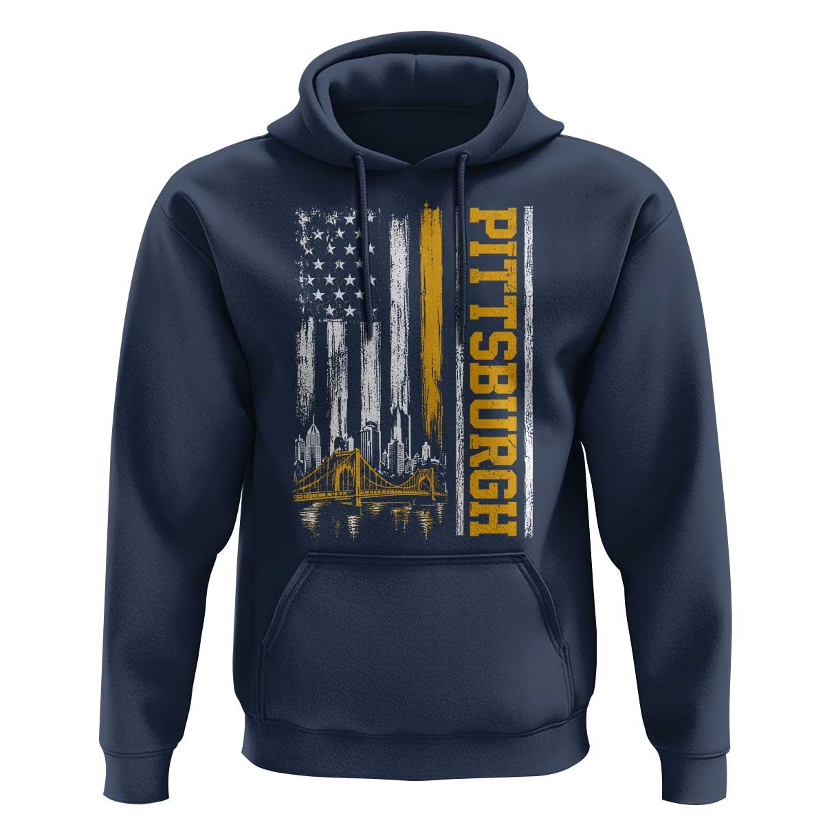 Pittsburgh City Skyline Roberto Clemente Bridge Graphic Hoodie American Flag Yellow Bridge City Hometown Pride