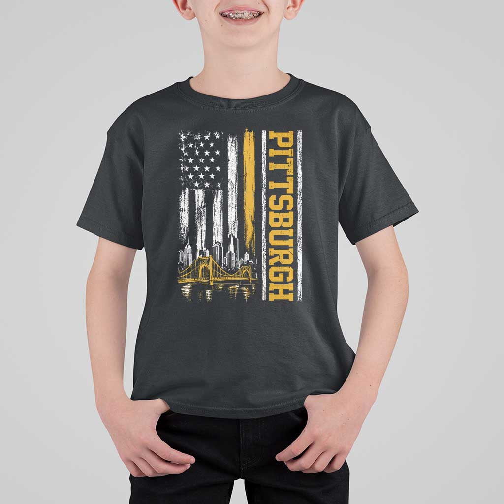 Pittsburgh City Skyline Roberto Clemente Bridge Graphic T Shirt For Kid American Flag Yellow Bridge City Hometown Pride
