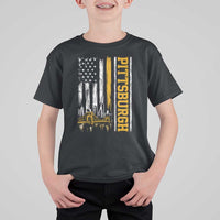 Pittsburgh City Skyline Roberto Clemente Bridge Graphic T Shirt For Kid American Flag Yellow Bridge City Hometown Pride