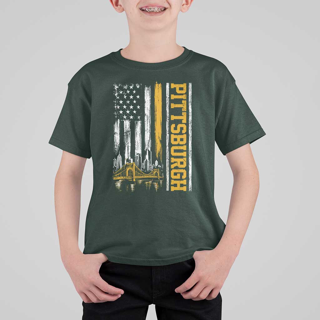 Pittsburgh City Skyline Roberto Clemente Bridge Graphic T Shirt For Kid American Flag Yellow Bridge City Hometown Pride