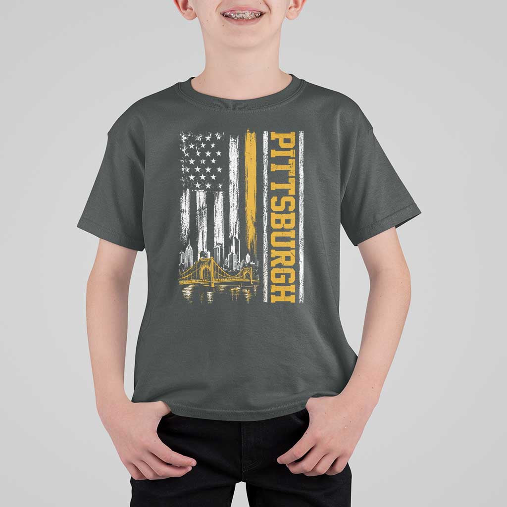 Pittsburgh City Skyline Roberto Clemente Bridge Graphic T Shirt For Kid American Flag Yellow Bridge City Hometown Pride