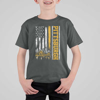 Pittsburgh City Skyline Roberto Clemente Bridge Graphic T Shirt For Kid American Flag Yellow Bridge City Hometown Pride