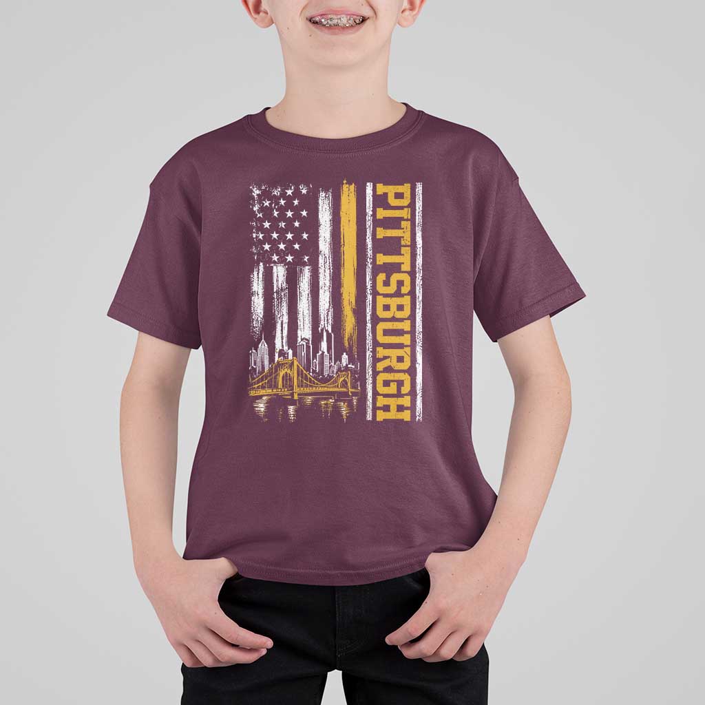 Pittsburgh City Skyline Roberto Clemente Bridge Graphic T Shirt For Kid American Flag Yellow Bridge City Hometown Pride
