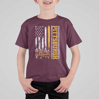 Pittsburgh City Skyline Roberto Clemente Bridge Graphic T Shirt For Kid American Flag Yellow Bridge City Hometown Pride