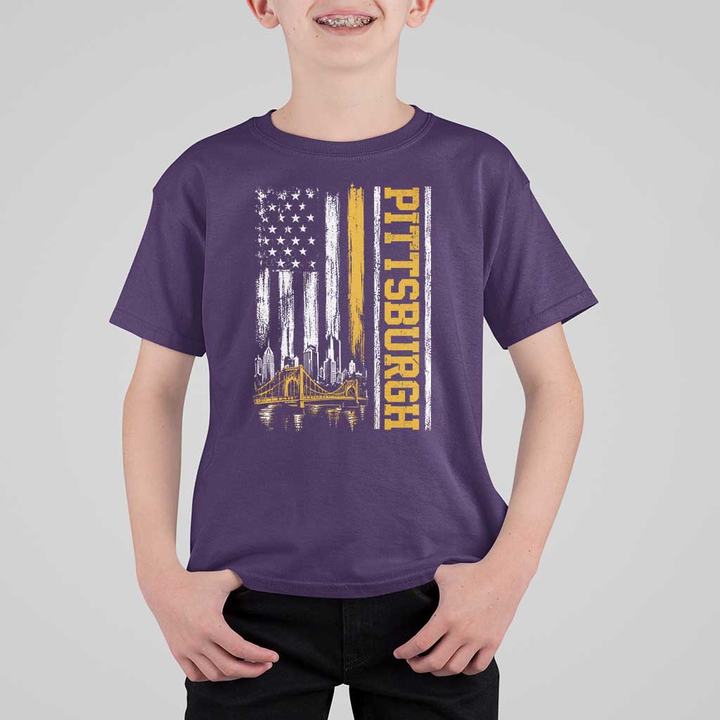 Pittsburgh City Skyline Roberto Clemente Bridge Graphic T Shirt For Kid American Flag Yellow Bridge City Hometown Pride