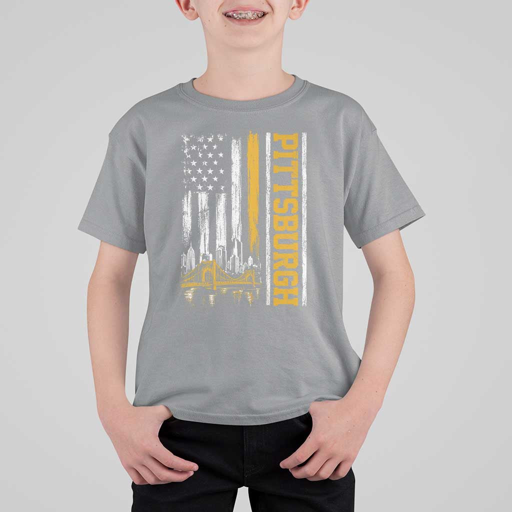 Pittsburgh City Skyline Roberto Clemente Bridge Graphic T Shirt For Kid American Flag Yellow Bridge City Hometown Pride