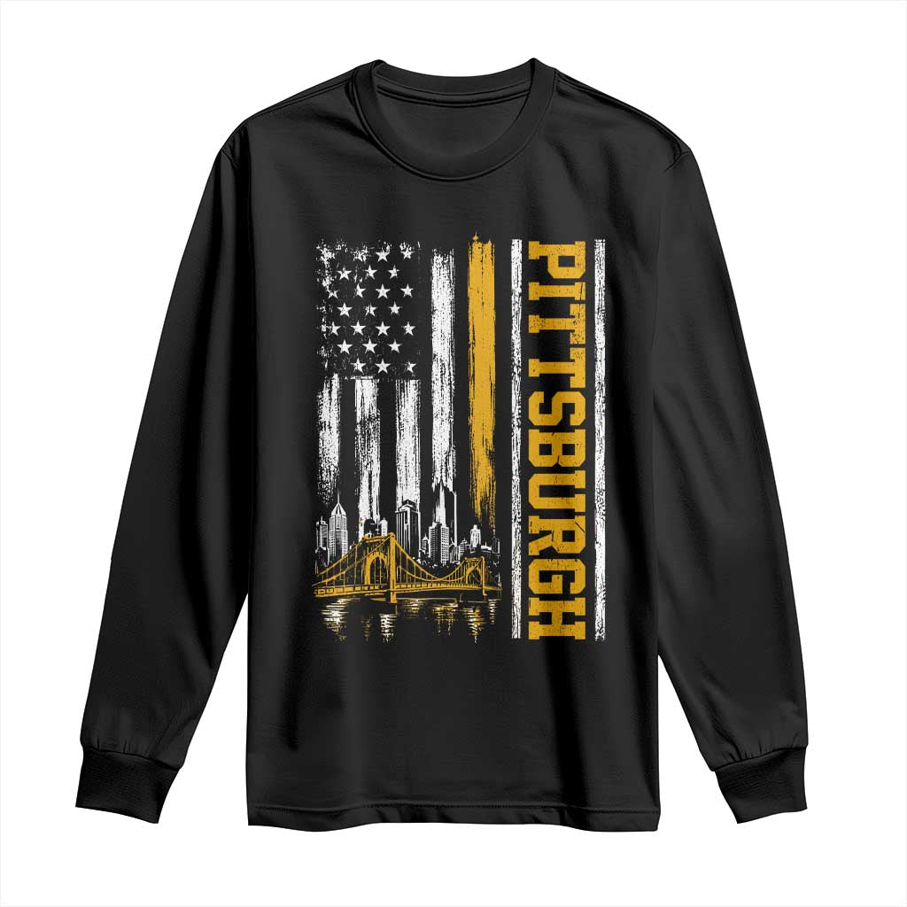 Pittsburgh City Skyline Roberto Clemente Bridge Graphic Long Sleeve Shirt American Flag Yellow Bridge City Hometown Pride
