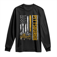Pittsburgh City Skyline Roberto Clemente Bridge Graphic Long Sleeve Shirt American Flag Yellow Bridge City Hometown Pride