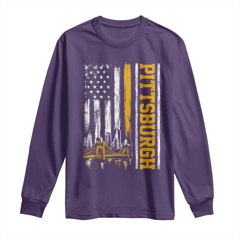 Pittsburgh City Skyline Roberto Clemente Bridge Graphic Long Sleeve Shirt American Flag Yellow Bridge City Hometown Pride