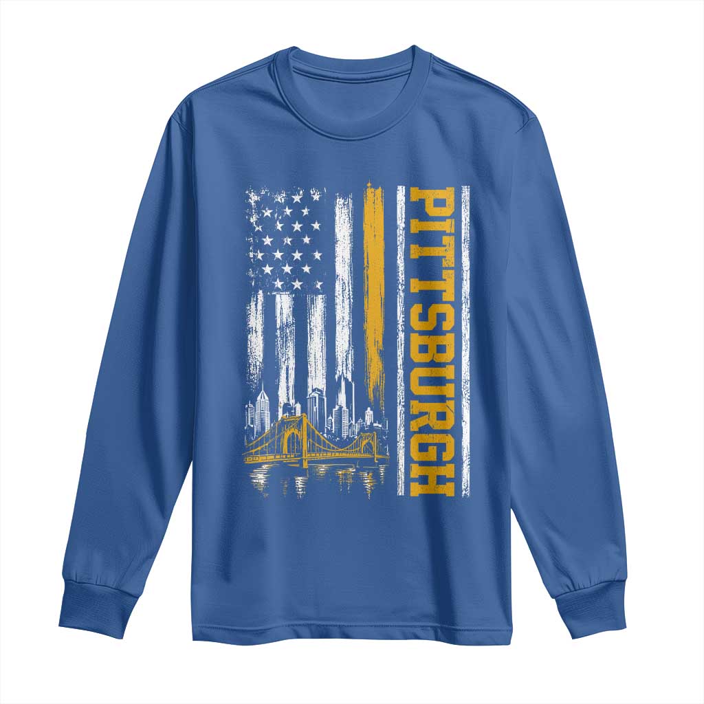 Pittsburgh City Skyline Roberto Clemente Bridge Graphic Long Sleeve Shirt American Flag Yellow Bridge City Hometown Pride
