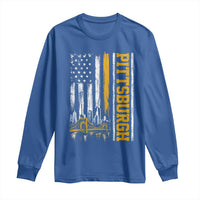 Pittsburgh City Skyline Roberto Clemente Bridge Graphic Long Sleeve Shirt American Flag Yellow Bridge City Hometown Pride