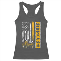 Pittsburgh City Skyline Roberto Clemente Bridge Graphic Racerback Tank Top American Flag Yellow Bridge City Hometown Pride