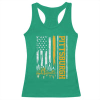 Pittsburgh City Skyline Roberto Clemente Bridge Graphic Racerback Tank Top American Flag Yellow Bridge City Hometown Pride