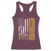 Pittsburgh City Skyline Roberto Clemente Bridge Graphic Racerback Tank Top American Flag Yellow Bridge City Hometown Pride