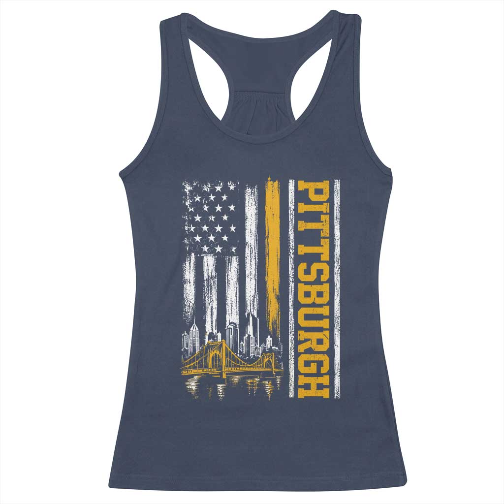 Pittsburgh City Skyline Roberto Clemente Bridge Graphic Racerback Tank Top American Flag Yellow Bridge City Hometown Pride