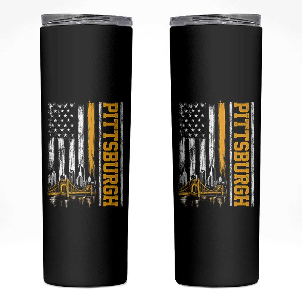 Pittsburgh City Skyline Roberto Clemente Bridge Graphic Skinny Tumbler American Flag Yellow Bridge City Hometown Pride