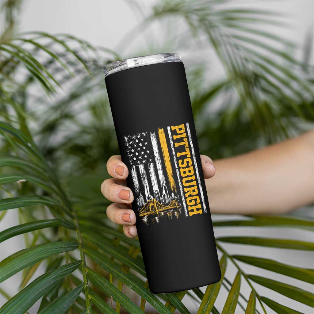 Pittsburgh City Skyline Roberto Clemente Bridge Graphic Skinny Tumbler American Flag Yellow Bridge City Hometown Pride
