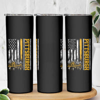 Pittsburgh City Skyline Roberto Clemente Bridge Graphic Skinny Tumbler American Flag Yellow Bridge City Hometown Pride