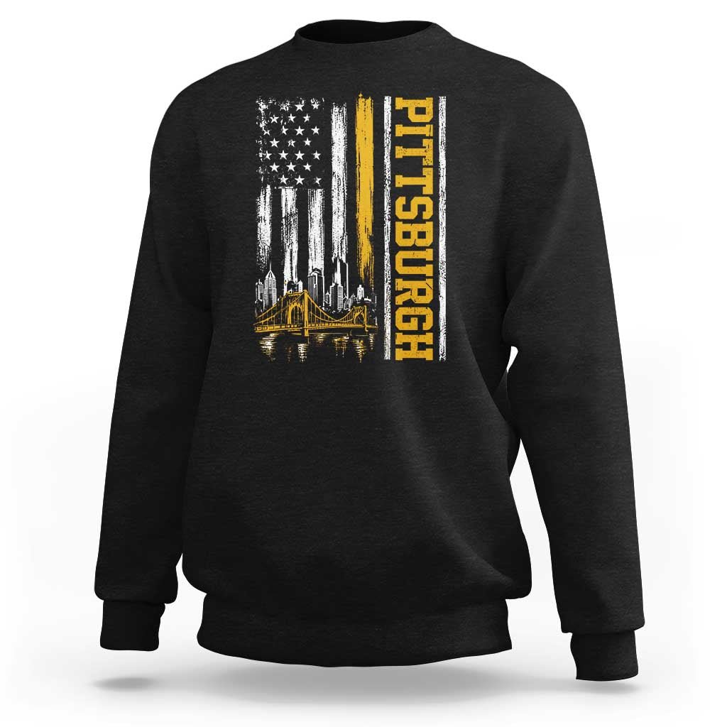 Pittsburgh City Skyline Roberto Clemente Bridge Graphic Sweatshirt American Flag Yellow Bridge City Hometown Pride