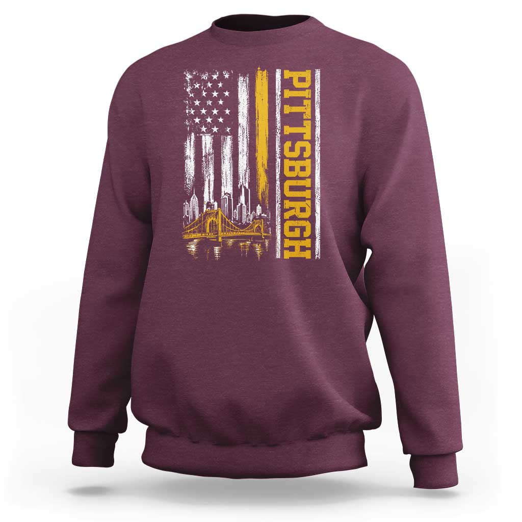 Pittsburgh City Skyline Roberto Clemente Bridge Graphic Sweatshirt American Flag Yellow Bridge City Hometown Pride