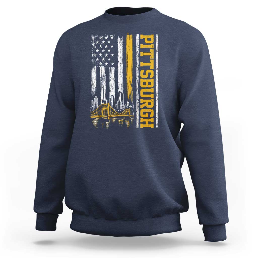 Pittsburgh City Skyline Roberto Clemente Bridge Graphic Sweatshirt American Flag Yellow Bridge City Hometown Pride