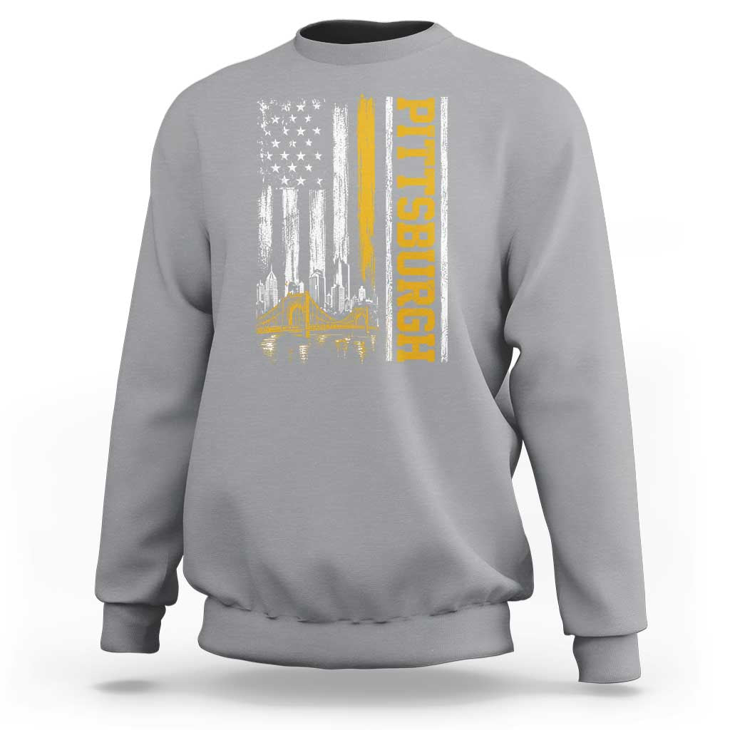 Pittsburgh City Skyline Roberto Clemente Bridge Graphic Sweatshirt American Flag Yellow Bridge City Hometown Pride