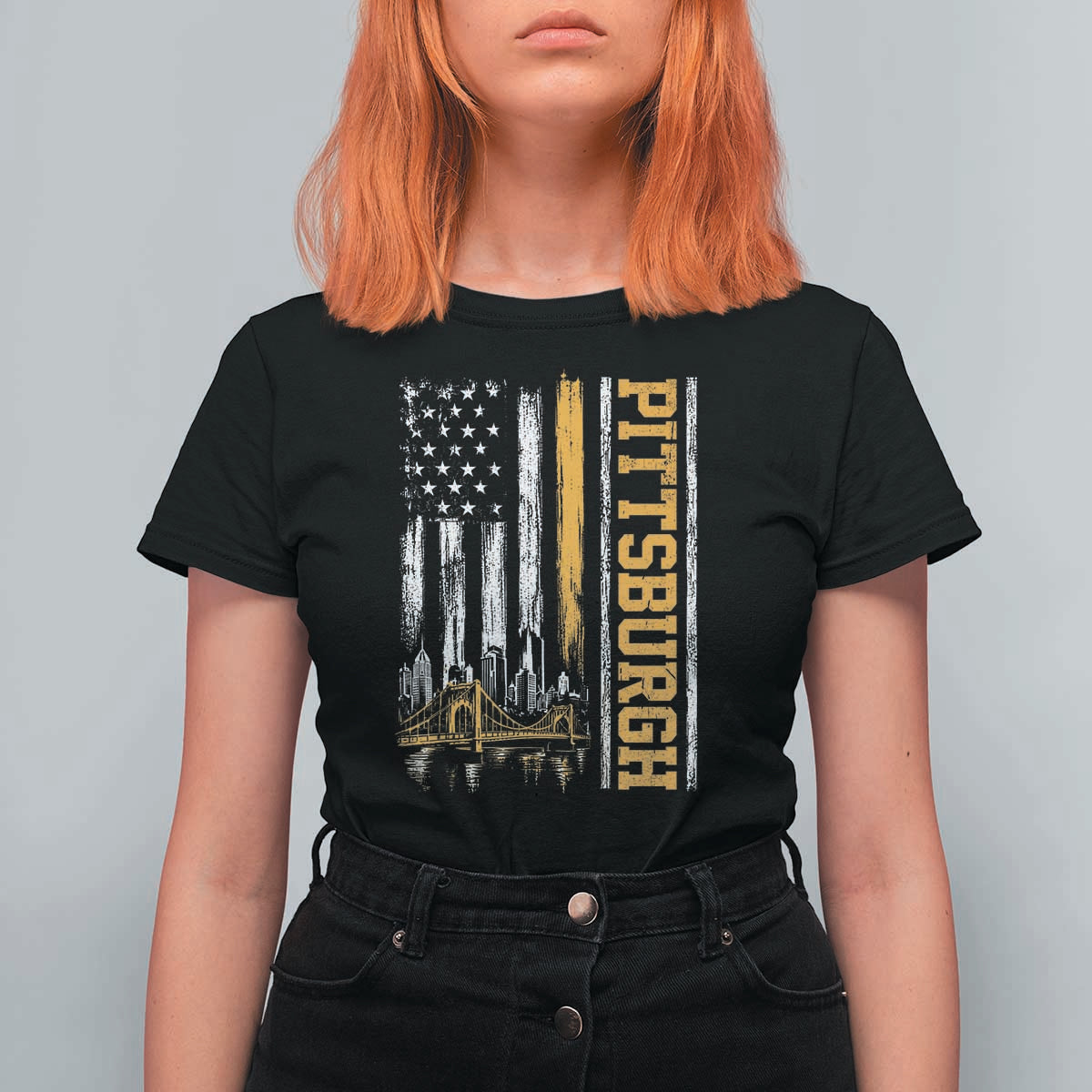 Pittsburgh City Skyline Roberto Clemente Bridge Graphic T Shirt For Women American Flag Yellow Bridge City Hometown Pride