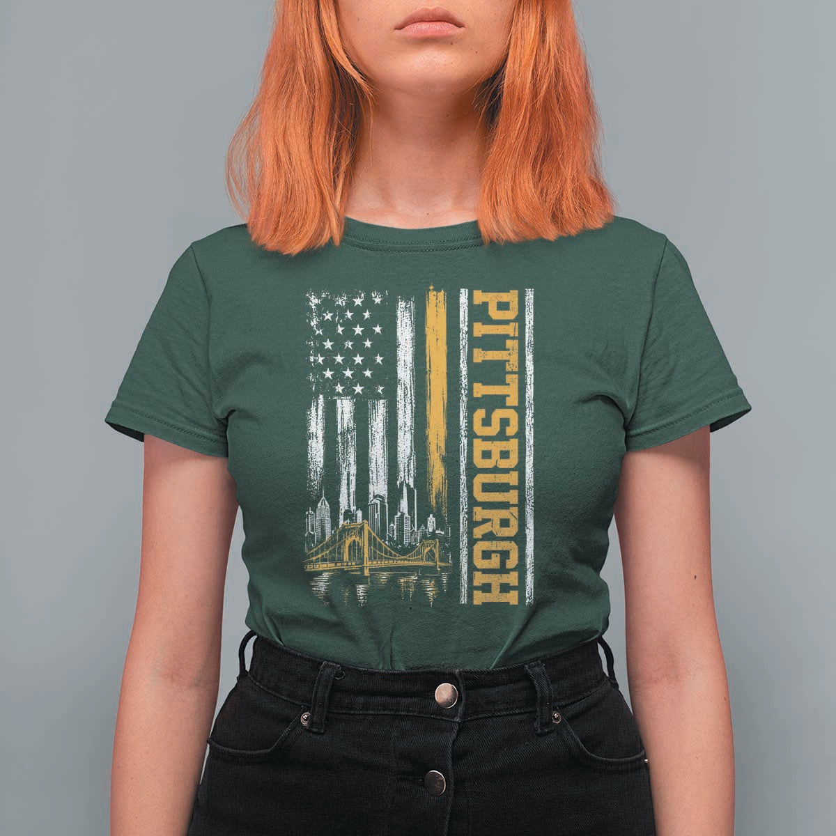 Pittsburgh City Skyline Roberto Clemente Bridge Graphic T Shirt For Women American Flag Yellow Bridge City Hometown Pride