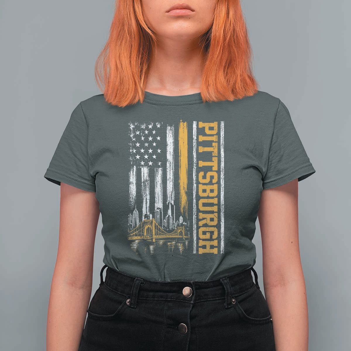 Pittsburgh City Skyline Roberto Clemente Bridge Graphic T Shirt For Women American Flag Yellow Bridge City Hometown Pride