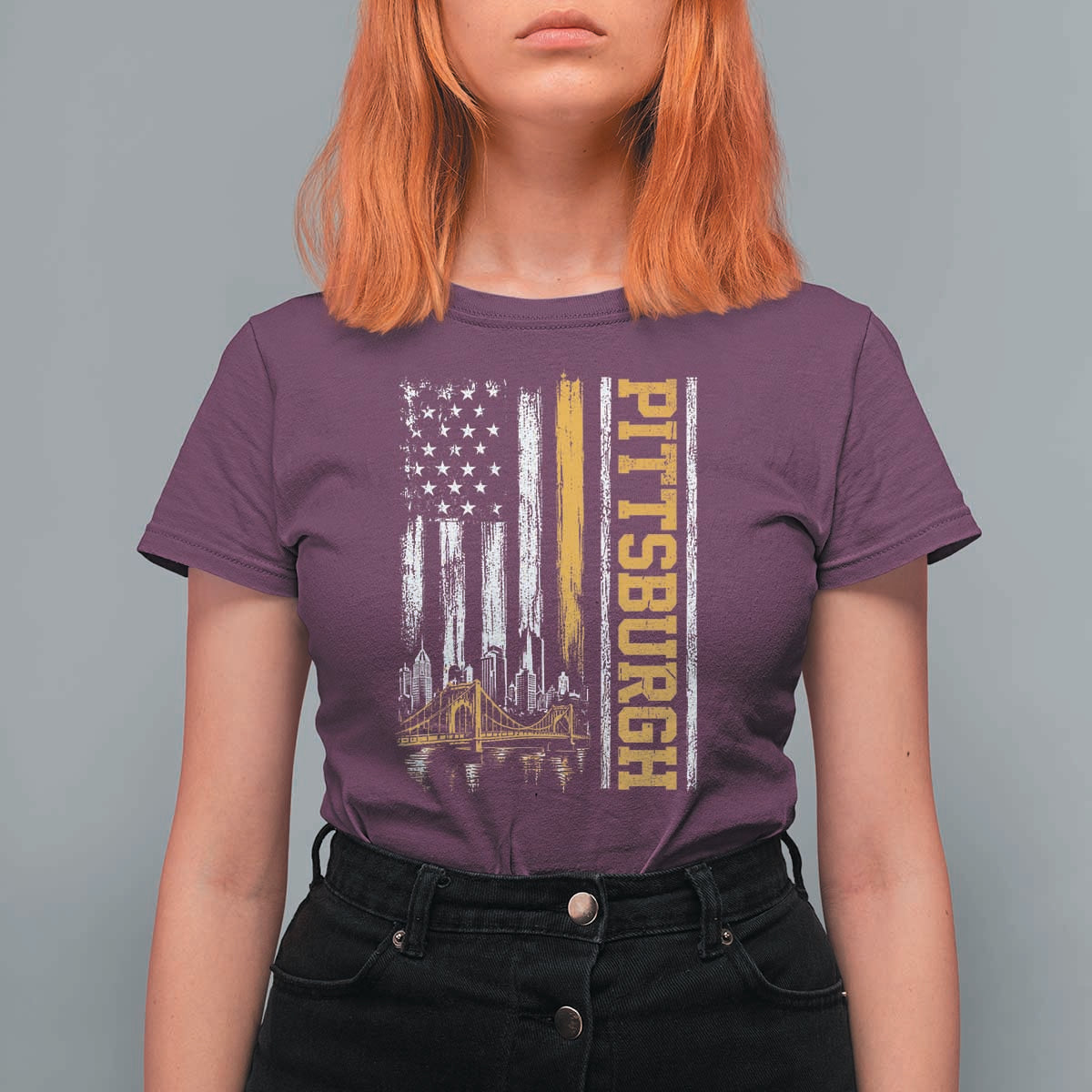 Pittsburgh City Skyline Roberto Clemente Bridge Graphic T Shirt For Women American Flag Yellow Bridge City Hometown Pride
