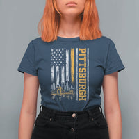 Pittsburgh City Skyline Roberto Clemente Bridge Graphic T Shirt For Women American Flag Yellow Bridge City Hometown Pride