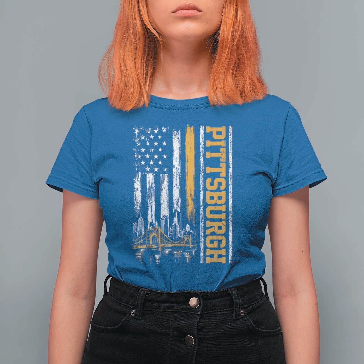 Pittsburgh City Skyline Roberto Clemente Bridge Graphic T Shirt For Women American Flag Yellow Bridge City Hometown Pride