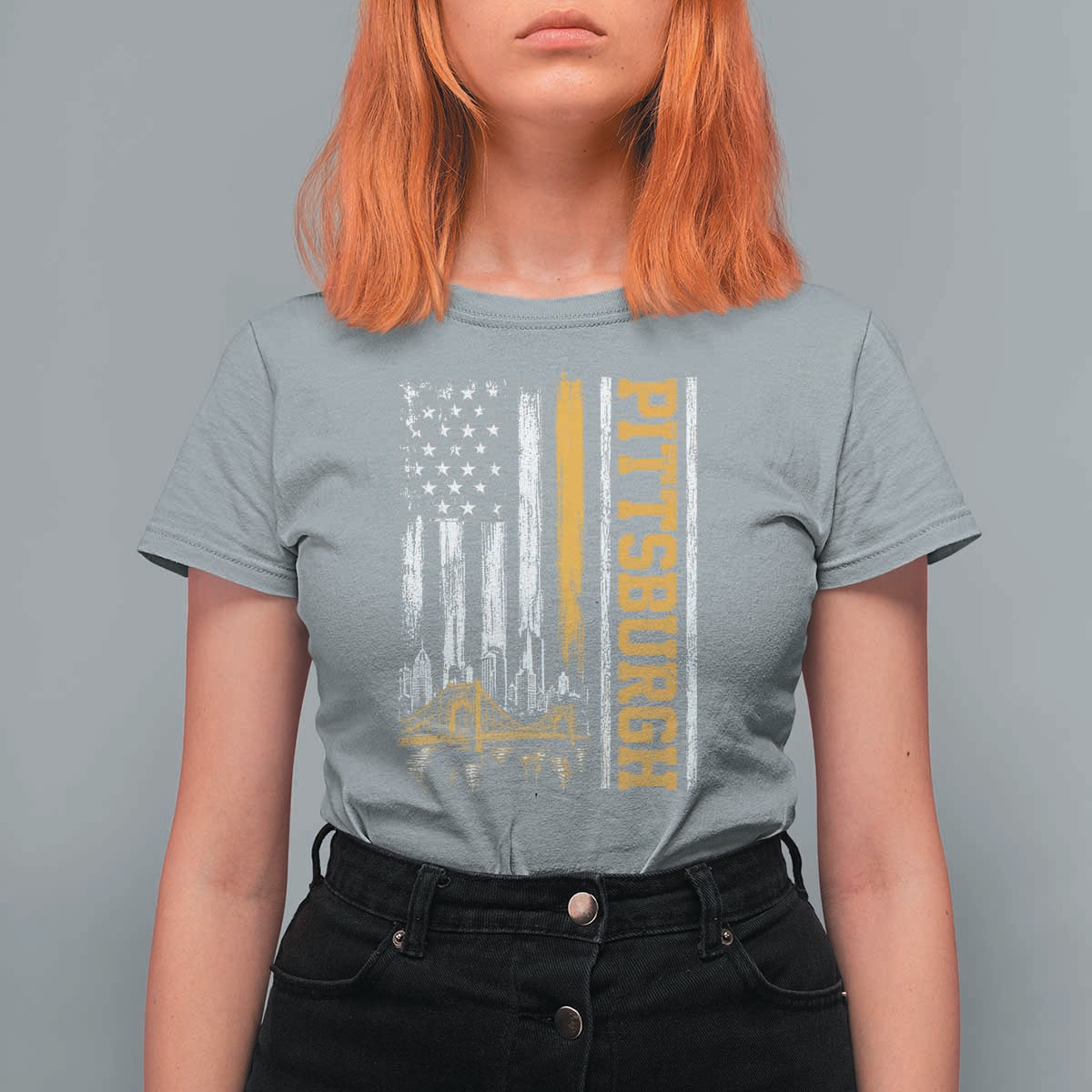 Pittsburgh City Skyline Roberto Clemente Bridge Graphic T Shirt For Women American Flag Yellow Bridge City Hometown Pride