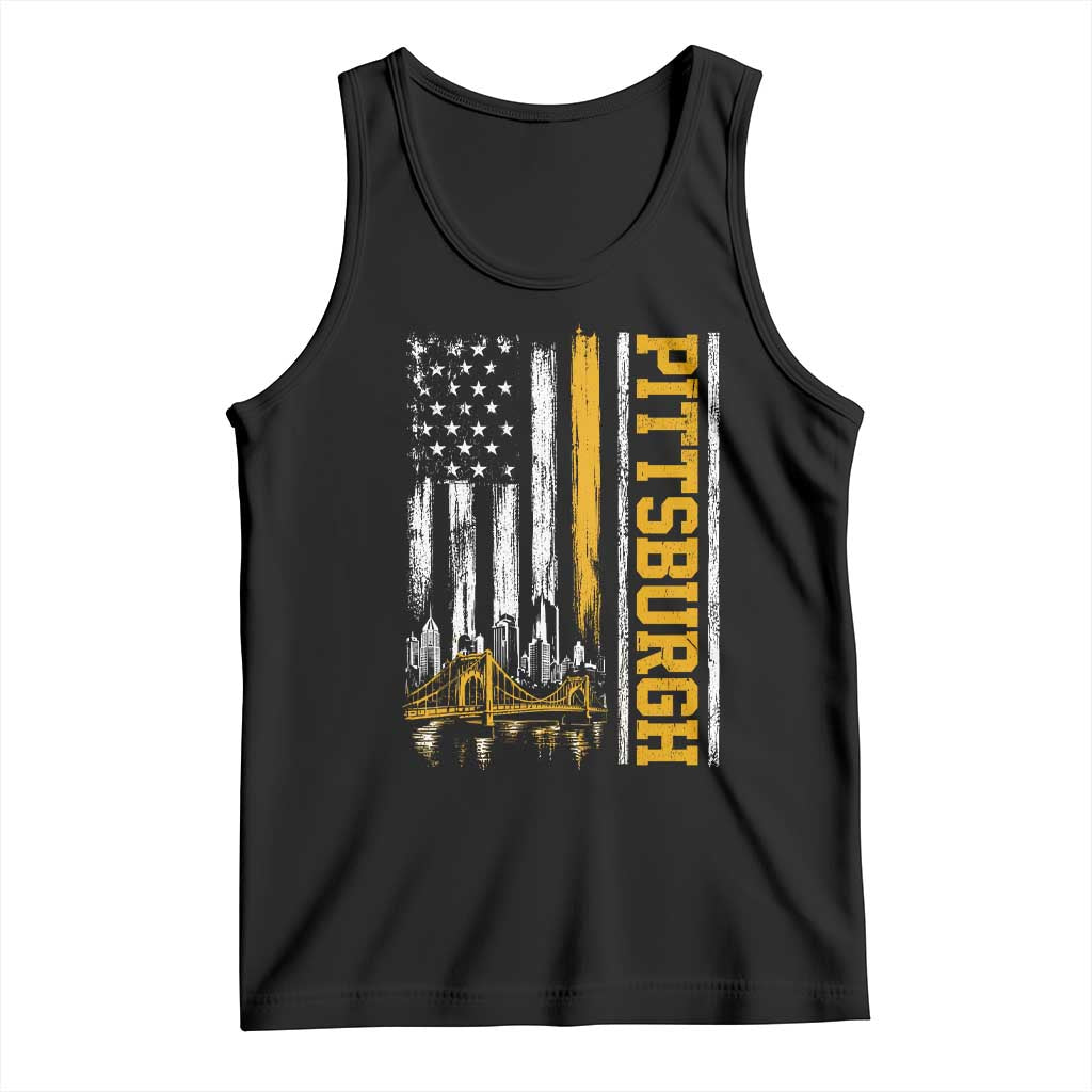 Pittsburgh City Skyline Roberto Clemente Bridge Graphic Tank Top American Flag Yellow Bridge City Hometown Pride