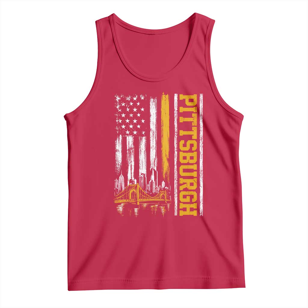 Pittsburgh City Skyline Roberto Clemente Bridge Graphic Tank Top American Flag Yellow Bridge City Hometown Pride