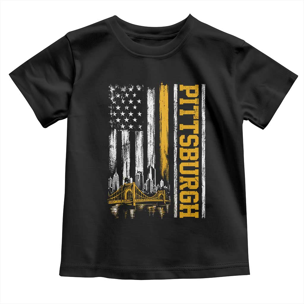 Pittsburgh City Skyline Roberto Clemente Bridge Graphic Toddler T Shirt American Flag Yellow Bridge City Hometown Pride