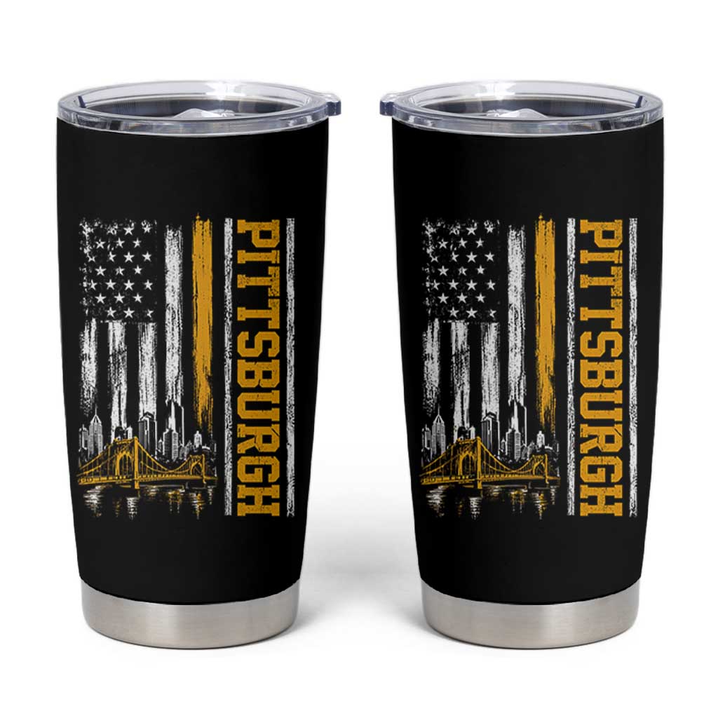 Pittsburgh City Skyline Roberto Clemente Bridge Graphic Tumbler Cup American Flag Yellow Bridge City Hometown Pride