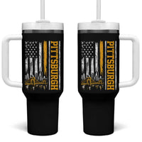 Pittsburgh City Skyline Roberto Clemente Bridge Graphic Tumbler With Handle American Flag Yellow Bridge City Hometown Pride