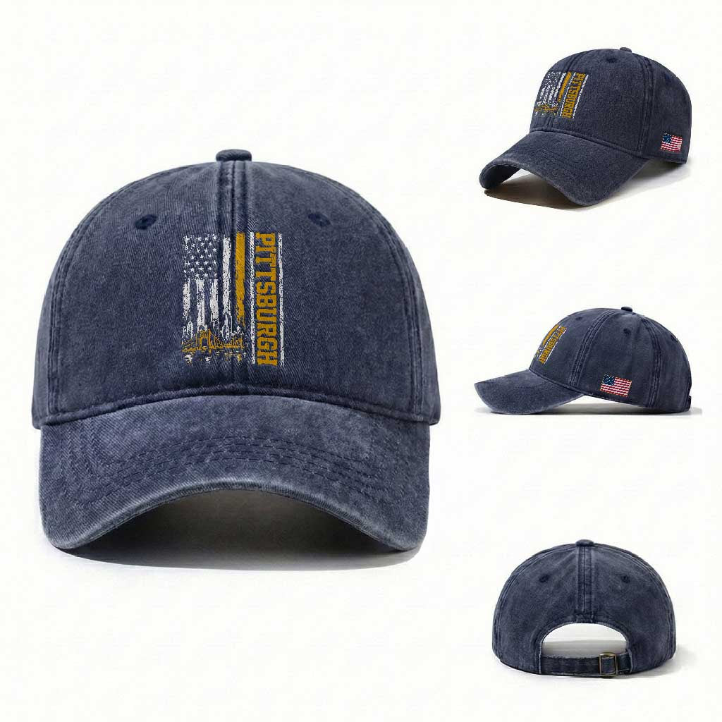 Pittsburgh City Skyline Roberto Clemente Bridge Graphic Washed Cotton Baseball Cap American Flag Yellow Bridge City Hometown Pride