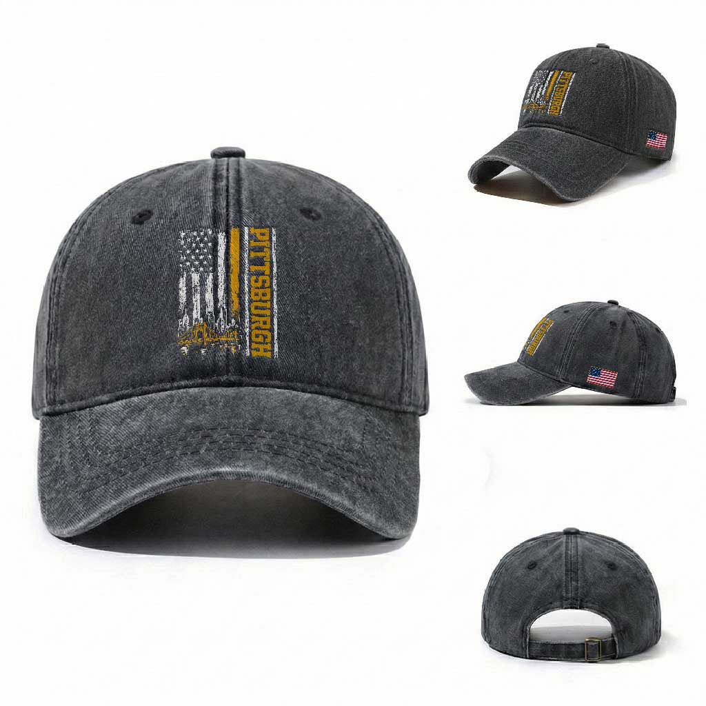 Pittsburgh City Skyline Roberto Clemente Bridge Graphic Washed Cotton Baseball Cap American Flag Yellow Bridge City Hometown Pride