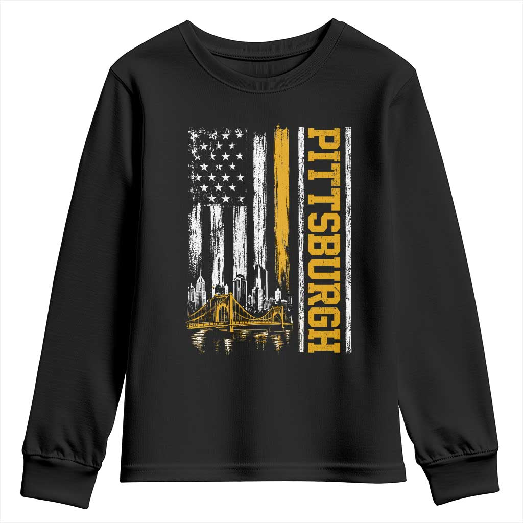 Pittsburgh City Skyline Roberto Clemente Bridge Graphic Youth Sweatshirt American Flag Yellow Bridge City Hometown Pride