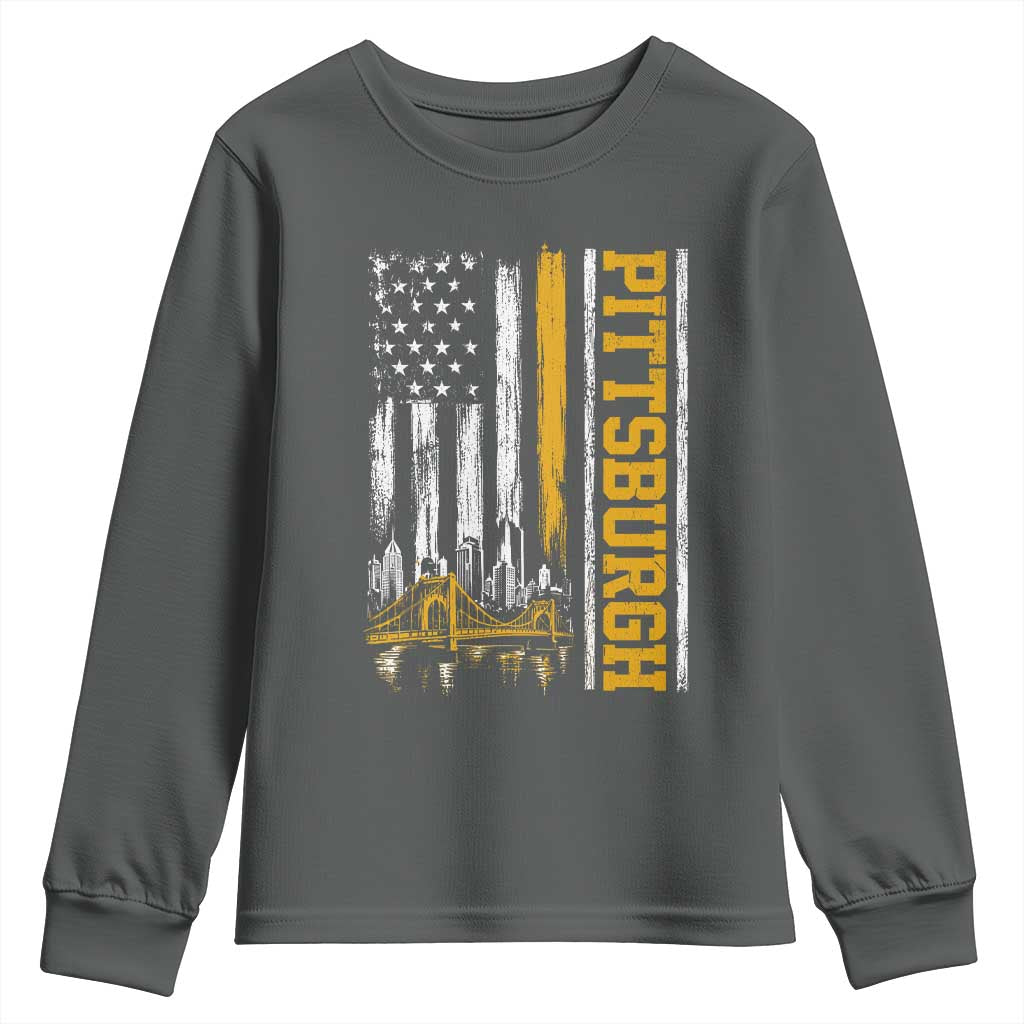 Pittsburgh City Skyline Roberto Clemente Bridge Graphic Youth Sweatshirt American Flag Yellow Bridge City Hometown Pride